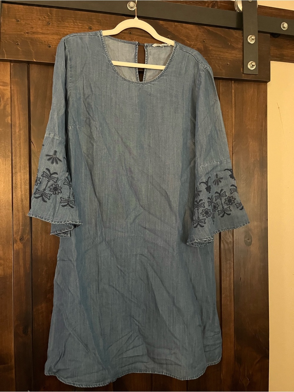 Embroidered Chambray tunic Dress in Light Blue